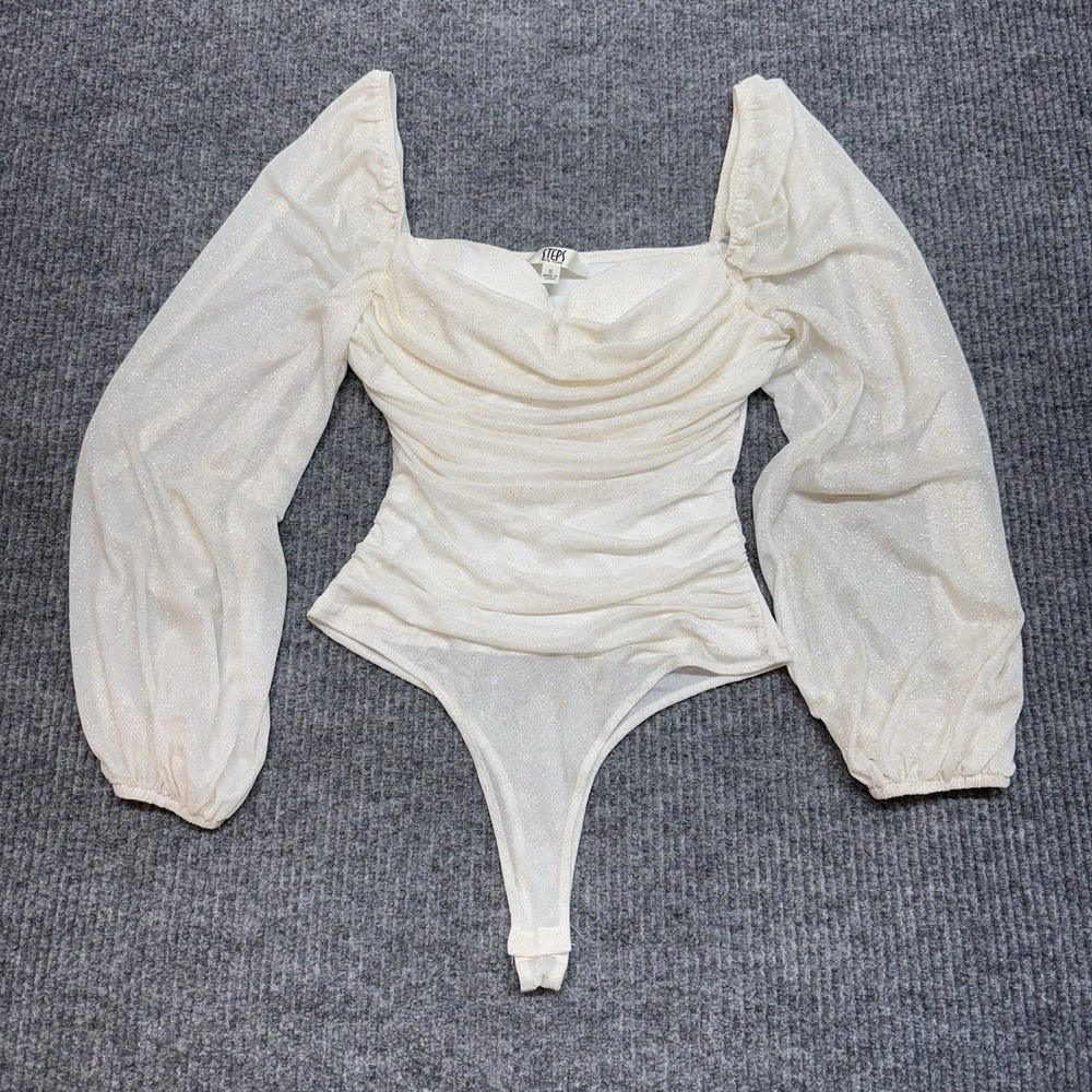 STEPS New York Womens Small Gold Glitter Bodysuit Sheer Sleeves Padded